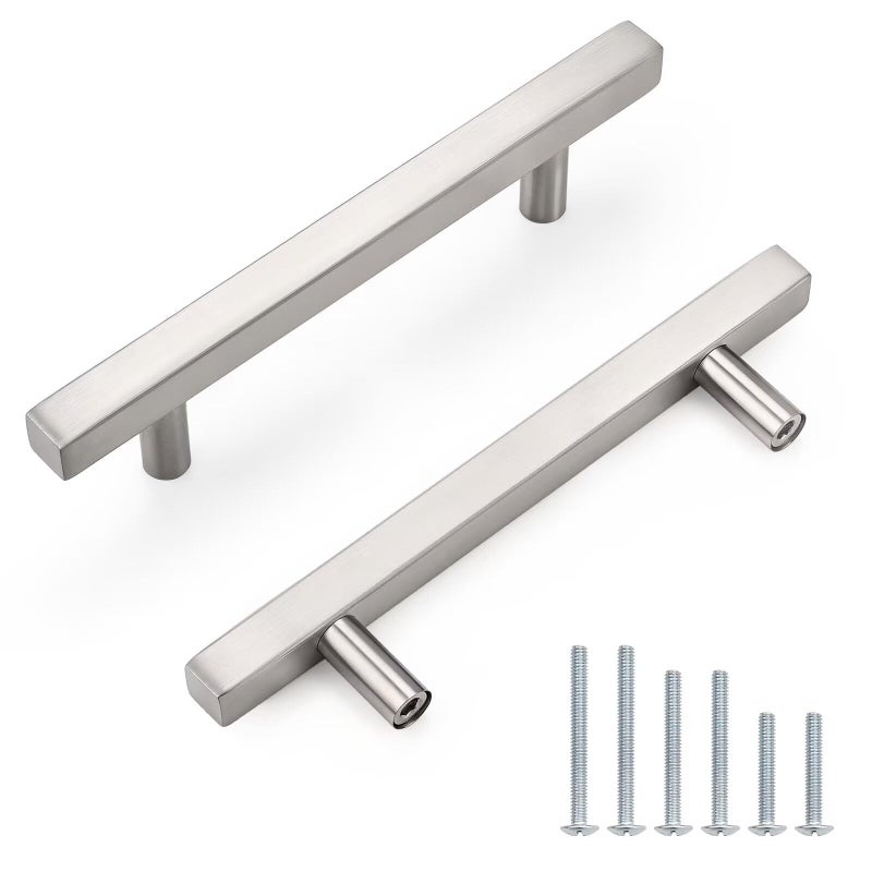 Probrico Cabinet Handles-(Pack of 5) Stainless Steel 4 inch (102mm) Hole Centers Square T Bar Kitchen Cabinet Handles Drawer Pulls for Kitchen Furniture Hardware - Image 1